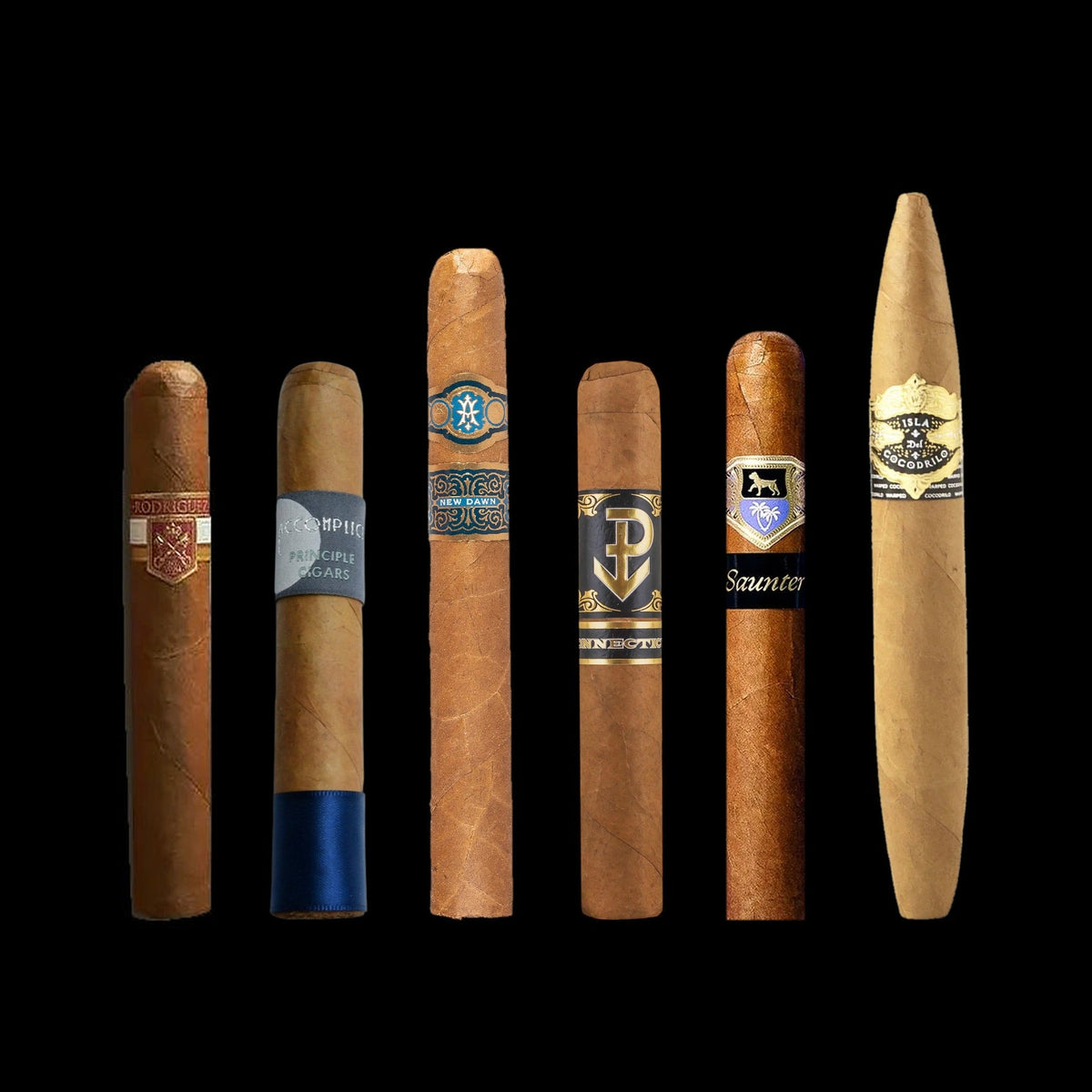 Connecticut Cigar Sampler: Rodriguez Reserva Privada, Principle Accomplice Connecticut, Avowed New Dawn, Powstanie Connecticut, Gellis Family Saunter and Warped Isla del Cocodrilo Blanco cigars
