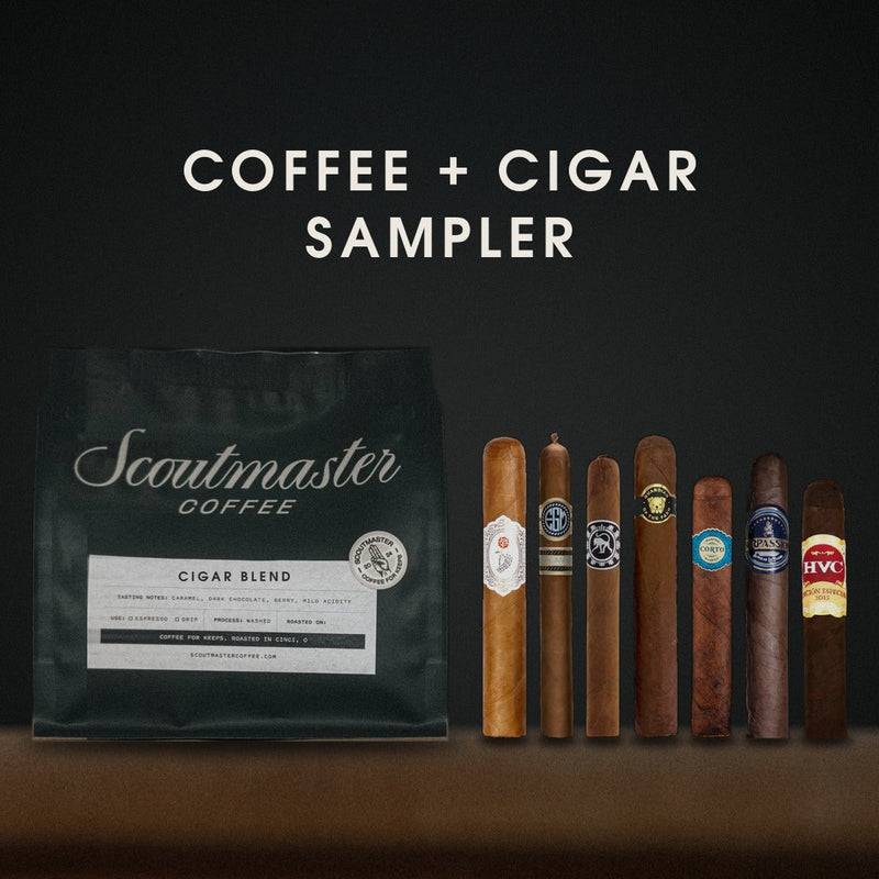 Coffee + Cigar Sampler with Scoutmaster Coffee Cigar Blend and seven premium cigars at Creekside Cigar Co