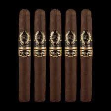 Five cigars with gold bands on a black background