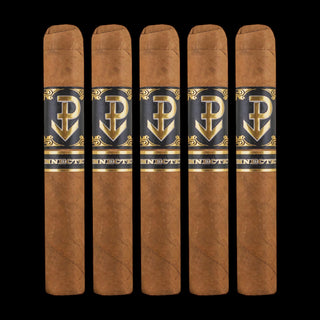 Five cigars with decorative bands featuring a logo on a black background