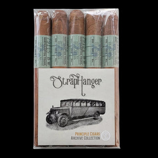 Pack of cigars with 'Straphanger' branding and vintage bus illustration on a black background