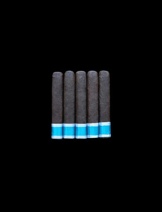 Five cigars with blue bands on a black background