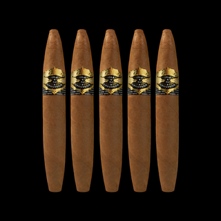 Five cigars with a visible label on a black background