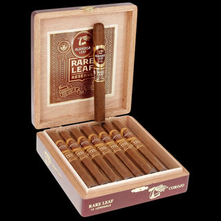 Photo of a red box of cigars with a gold label that says rare leaf reserve 