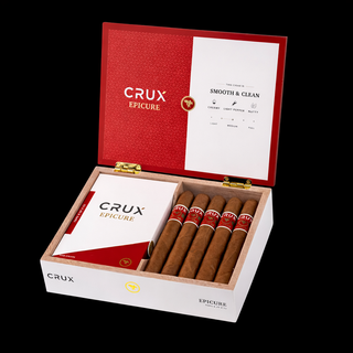 Open box of Crux Epicure cigars with red and white interior