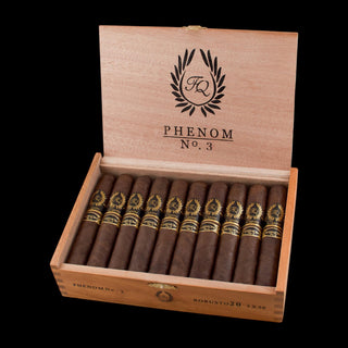 Wooden box of Phenom No. 3 cigars with visible branding on a black background