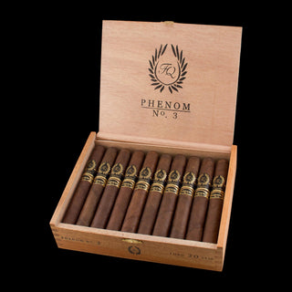 Box of Phenom No. 3 cigars with a visible brand logo on a black background