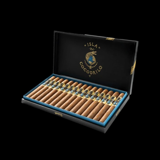 Open box of cigars with 'Isla Cocodrilo' branding on a black background