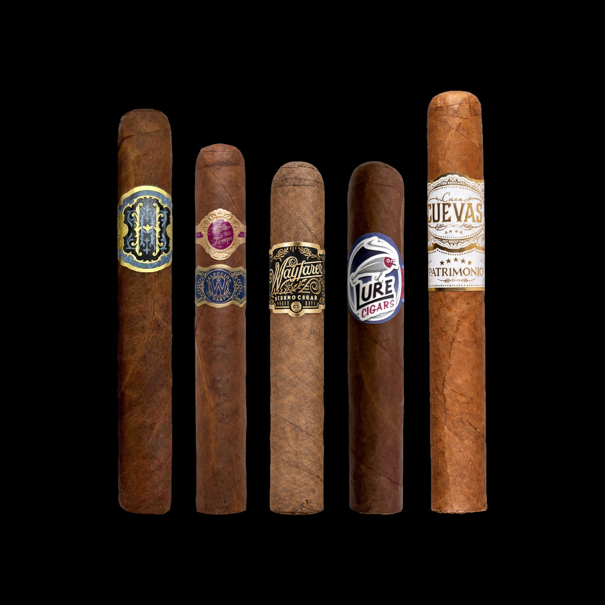 Corojo Kings Sampler: Avowed Hallowed Hands Box Pressed Robusto, Warped Maestro del Tiempo 6102R, Serino Wayfarer Robusto, Lure Corojo Oscuro The Fat Tony and Casa Cuevas Patrimonio Toro