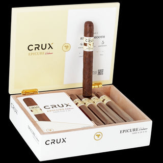 Open box of Crux Epicure cigars with a single cigar displayed