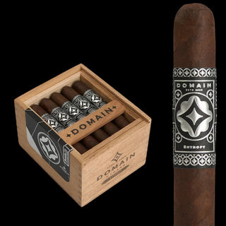 Cigar with 'Domain' branding and a wooden box of cigars on a black background