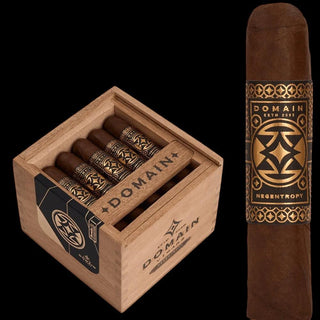 Domain cigars in a wooden box with a single cigar displayed on a black background