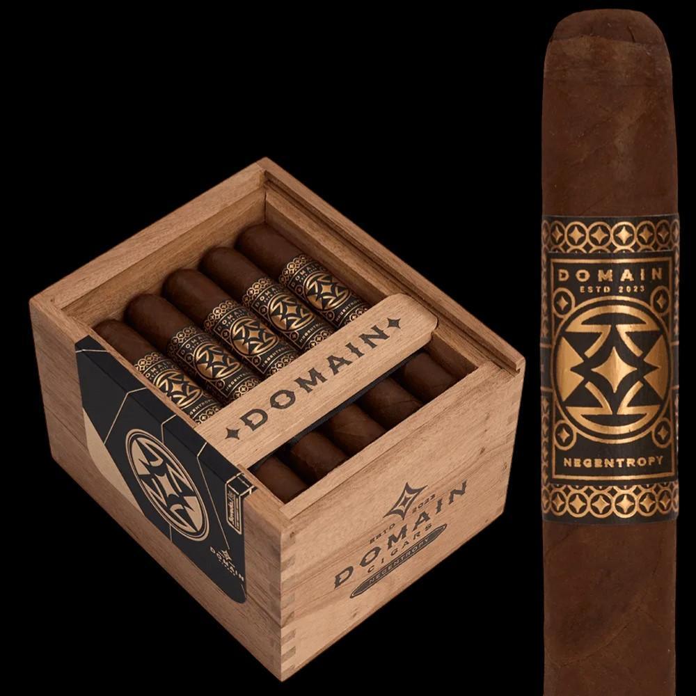 Cigar box with cigars and a single cigar displayed on a black background