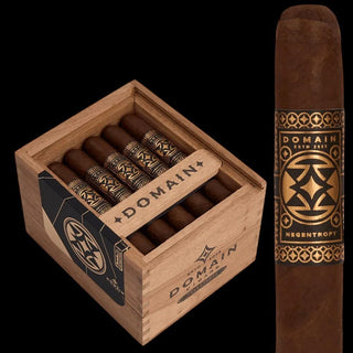 Cigar box with cigars and a single cigar displayed on a black background