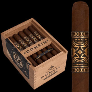 Domain cigars in a wooden box with a single cigar displayed on a black background