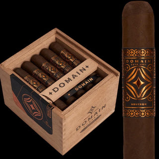 Box of Domain cigars with a single cigar displayed on a black background