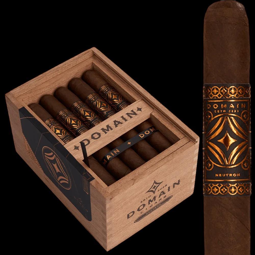 Wooden box of Domain cigars with a single cigar displayed on a black background