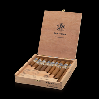 Open wooden box of EGM Cigars on a black background