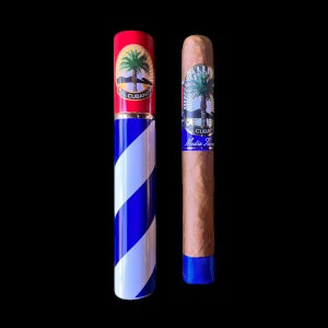 Two cigars with decorative tubes on a black background