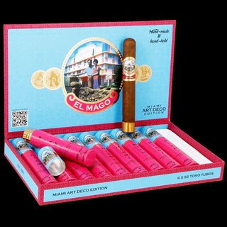 Cigar box with pink cigars and 'El Mago' branding on a blue background