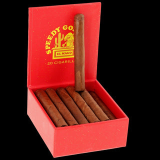 Open red box of cigars with a single cigar sticking out, featuring 'Speedy Go El Mago' branding.