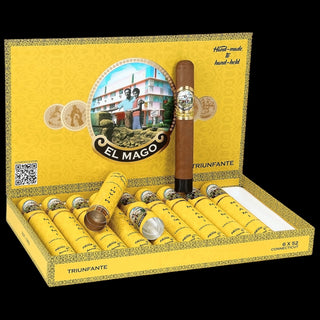 Box of El Mago Triunfante cigars with a yellow box and visible branding.