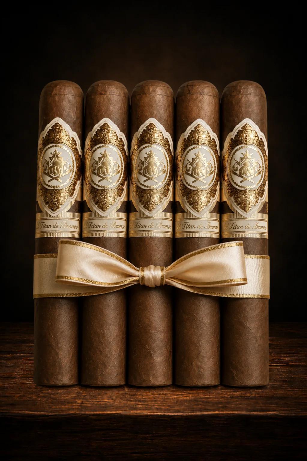Five brown cigars bundled together with a cream ribbon and bow, set against a dark brown background.