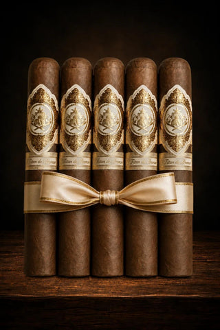 Five brown cigars bundled together with a cream ribbon and bow, set against a dark brown background.