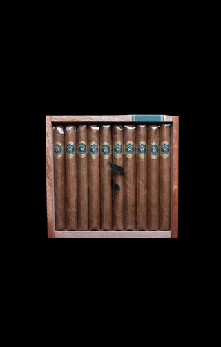 A wooden cigar box containing ten brown cigars with blue and gold bands, set against a solid black background.
