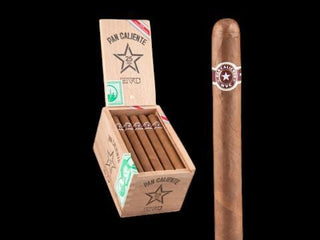 Cigar box with Pan Caliente cigars and a single cigar displayed on a black background