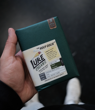 Hand holding a box of Lure Cigars with a dark background