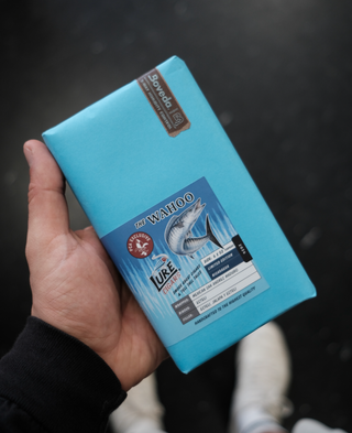 Hand holding a blue package with a fish illustration and text on a dark background