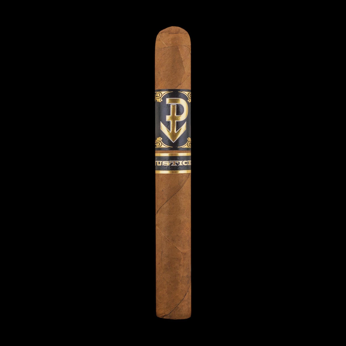 Cigar with a blue band featuring a logo on a black background