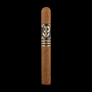 Cigar with a blue band featuring a logo on a black background