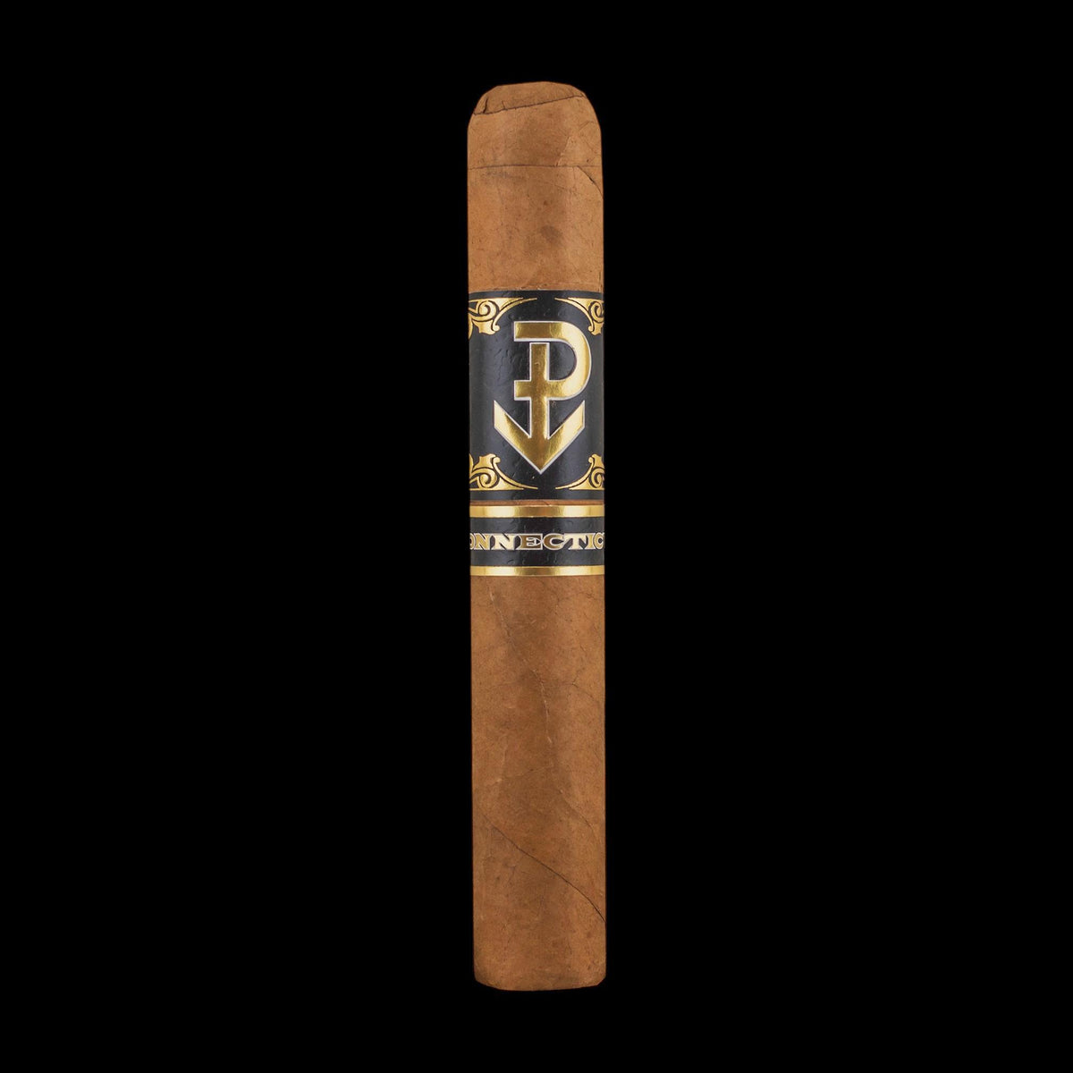 Cigar with a band featuring a logo on a black background