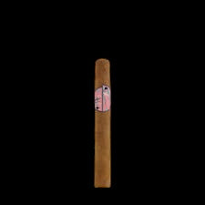A single brown cigar with a pink and white decorative band, shown vertically against a solid black background.