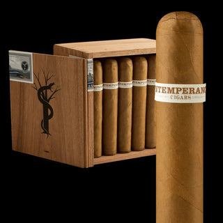 Box of St. temperance cigars with a single cigar in front on a black background