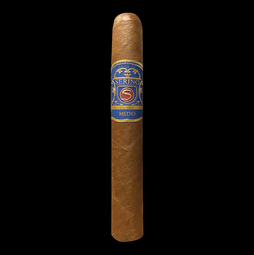 A single brown cigar with a blue and gold Serino 5 Medio band, centered against a solid black background.