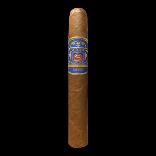 A single brown cigar with a blue and gold Serino 5 Medio band, centered against a solid black background.