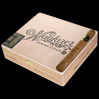 Wayfarer cigar box with a single cigar on a white background