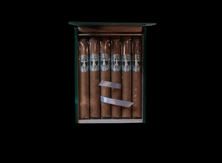 An open dark green cigar box containing six brown cigars with silver bands, set against a solid black background.