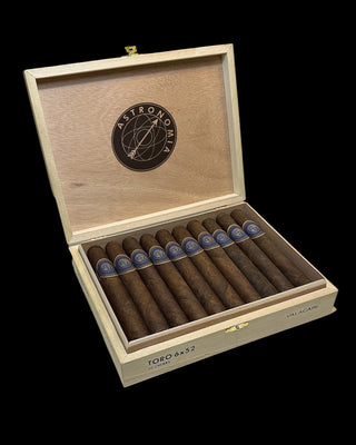 Open wooden humidor with cigars and Astronomici logo on a black background