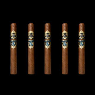 Five cigars with decorative bands on a black background
