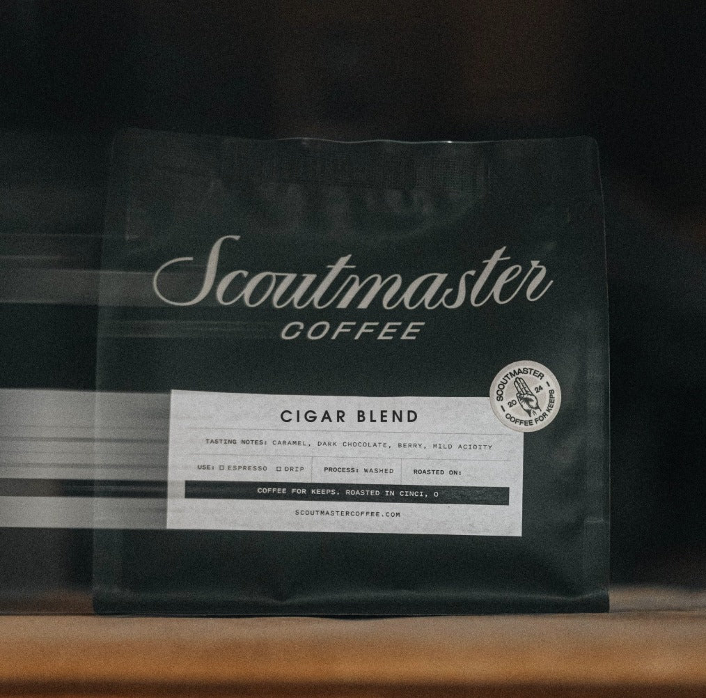 Scoutmaster Coffee Cigar Blend 12oz bag, a darker roast made to pair with cigars, roasted in Cincinnati